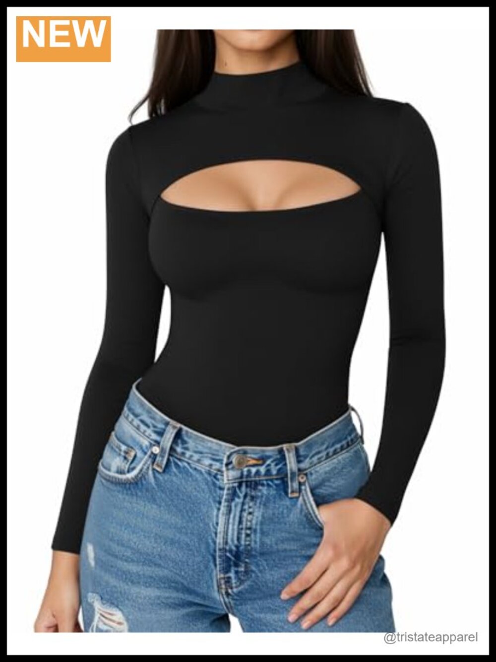 Women's Mock Turtleneck Cut Out Long Sleeve Ribbed T-Shirt
